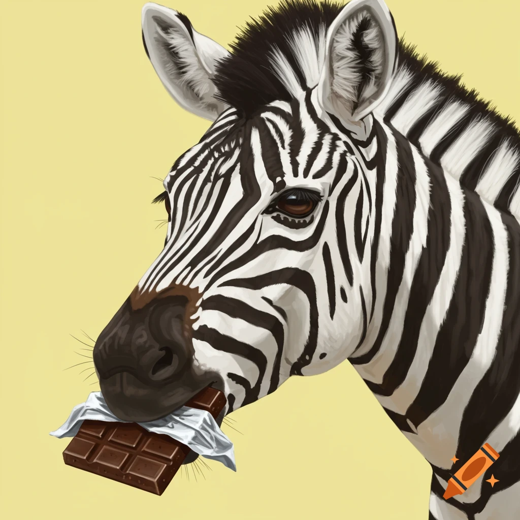 Illustration of a zebra eating a chocolate bar against a yellow background.