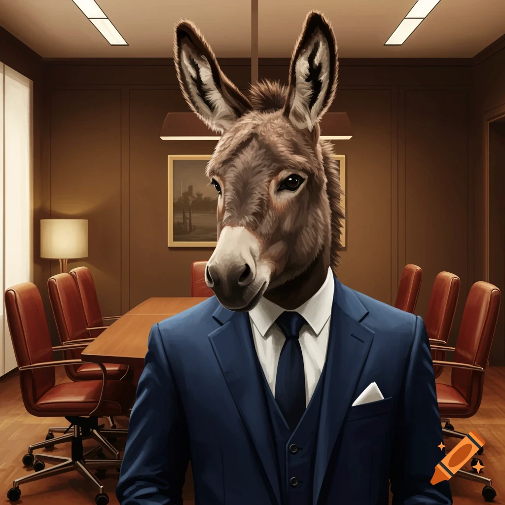 An anthropomorphic donkey in a business suit in a conference room.
