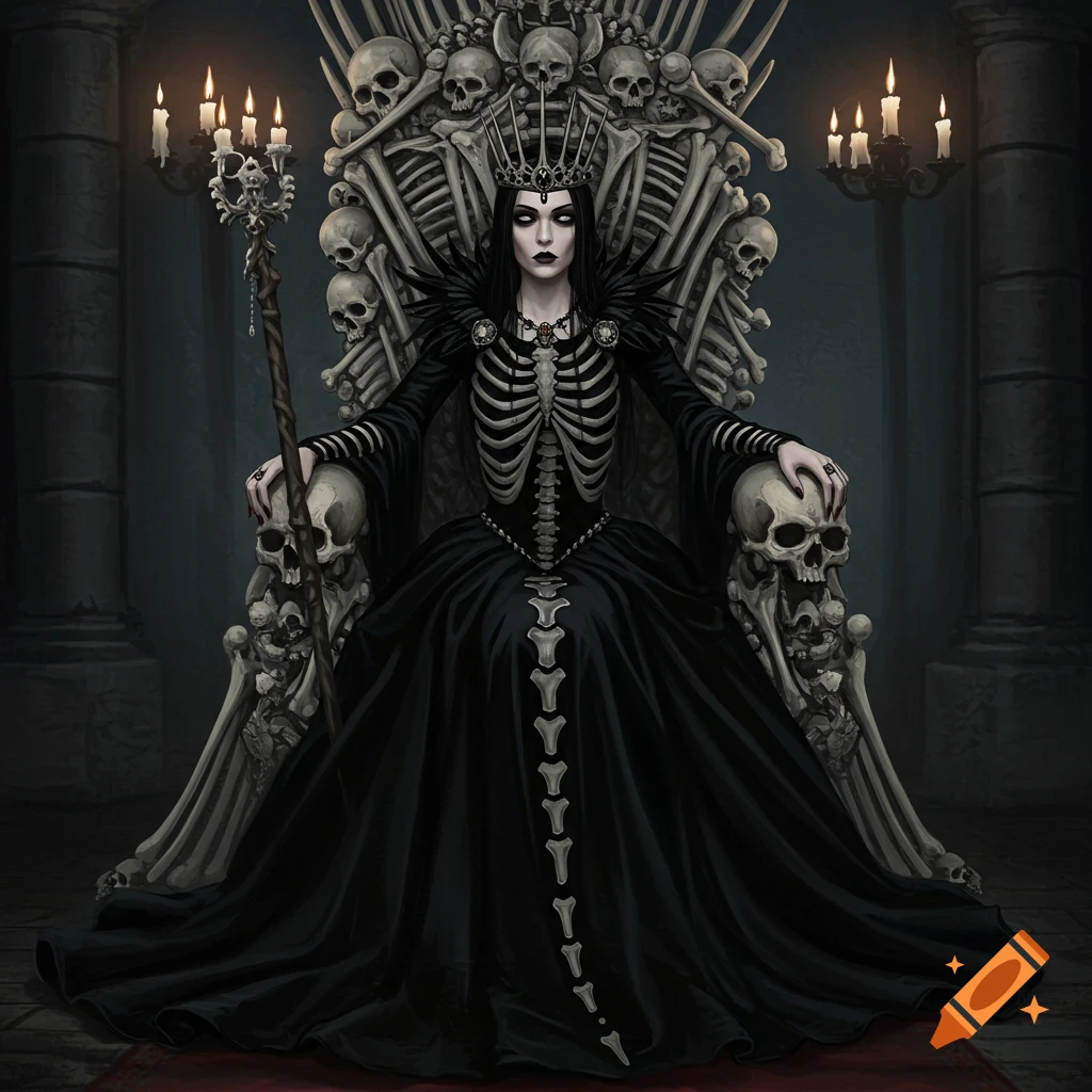 A gothic queen sits on a throne made of bones.