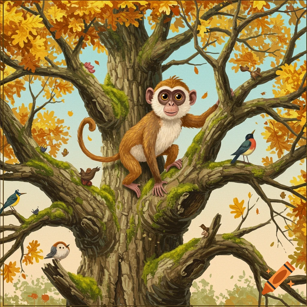 An illustration of a monkey in an autumn tree with birds.