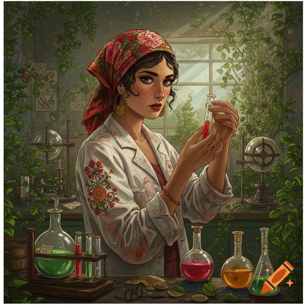 An illustrative image of a woman in a lab coat and headscarf holding a test tube in a vine-covered laboratory.