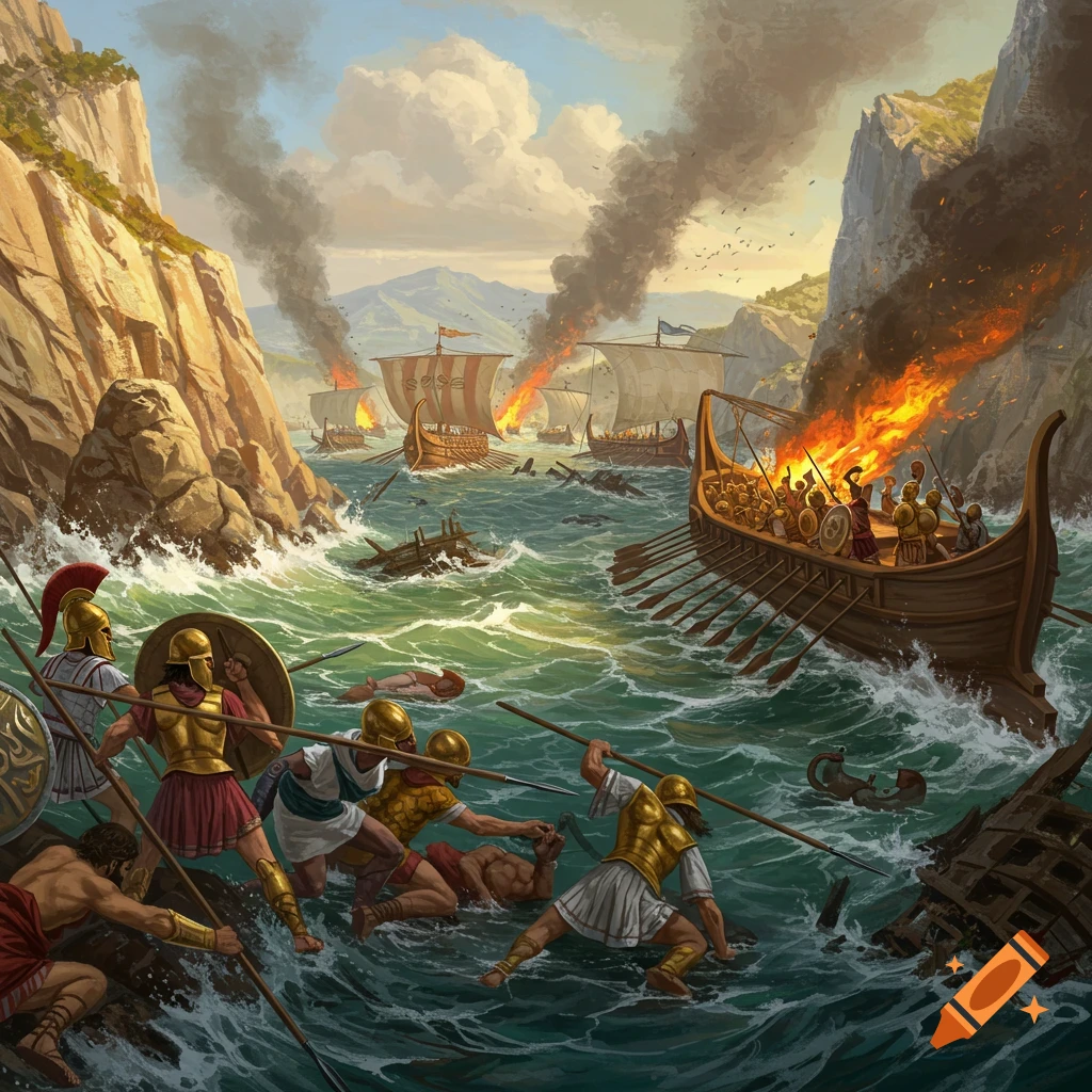 A painting of an ancient naval battle with ships on fire and soldiers fighting in the water near cliffs.