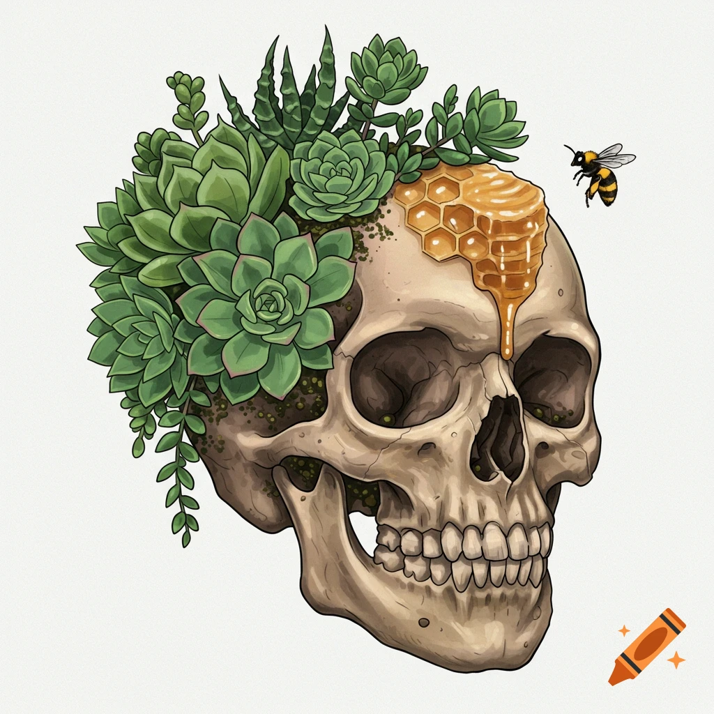 Illustration of a skull with succulents, honeycomb, and a bee.