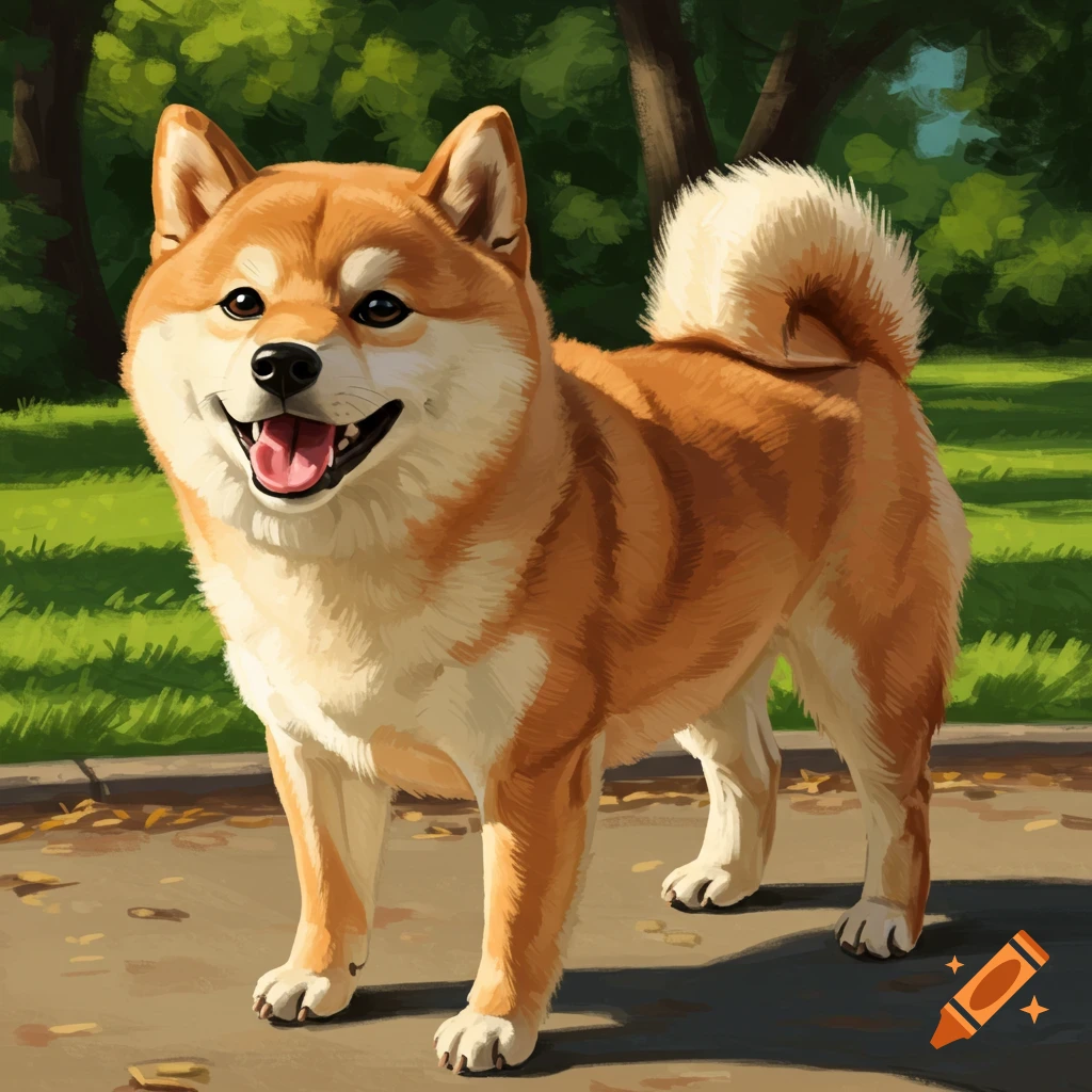 A painterly illustration of a Shiba Inu dog standing in a park on a sunny day.