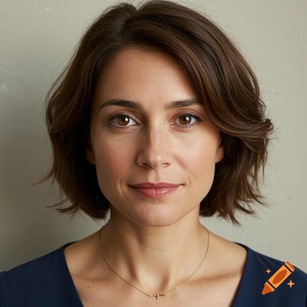 Close-up portrait of a woman with short brown hair, brown eyes, and a necklace.