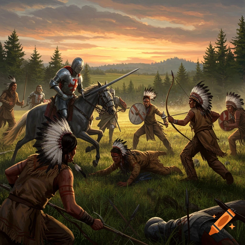 A medieval knight on horseback battles Native American warriors in a field at sunset, painted style.