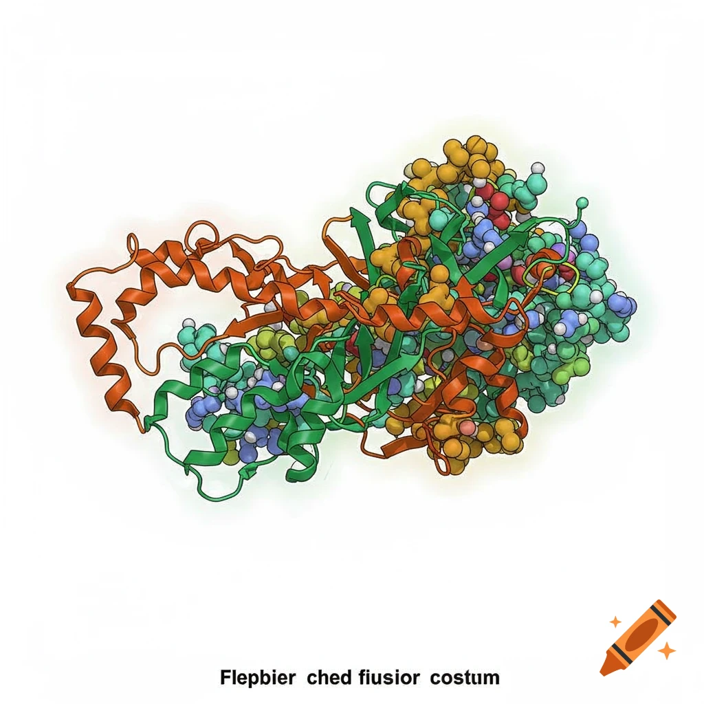 Colorful scientific illustration of a complex folded protein structure.