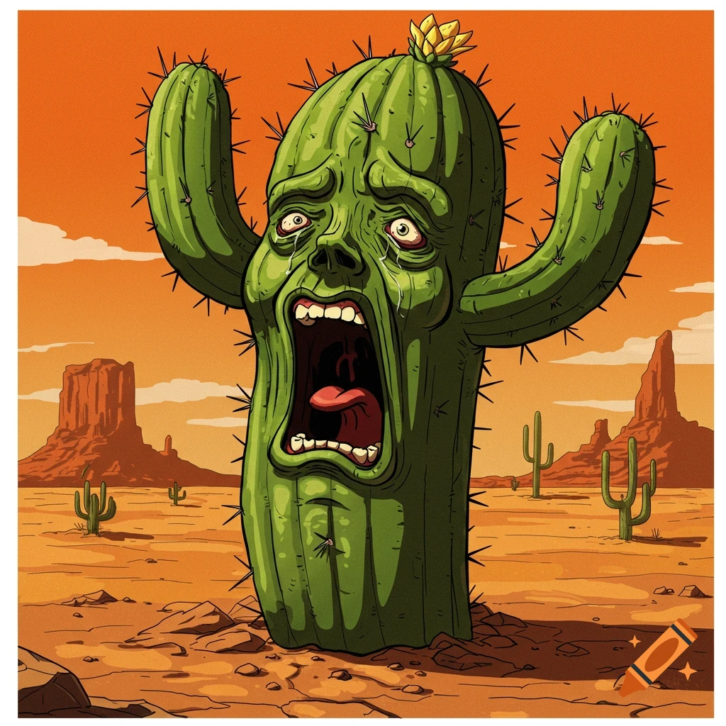 Cartoon illustration of a screaming cactus with wide arms in a desert landscape.