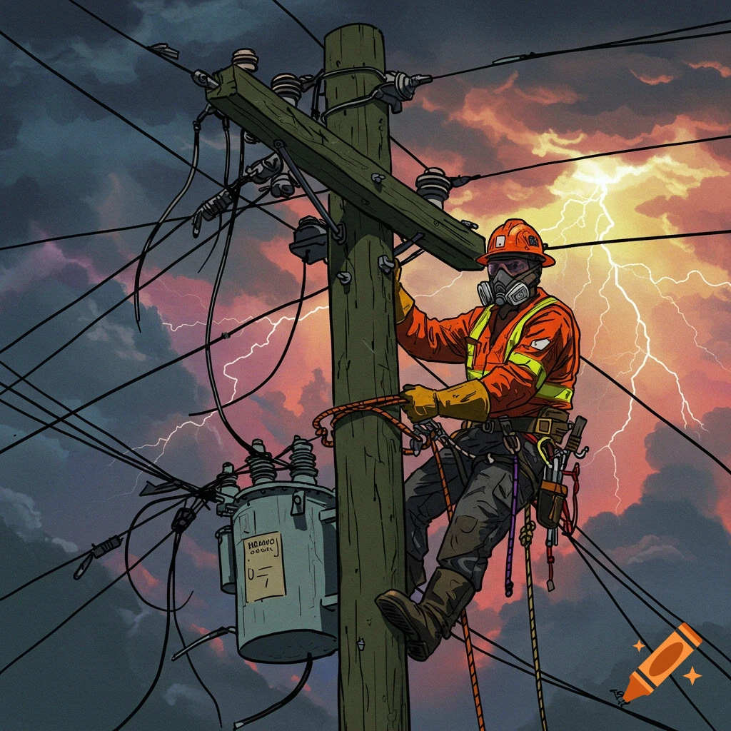 Illustration of a lineman working on a power pole during a thunderstorm.