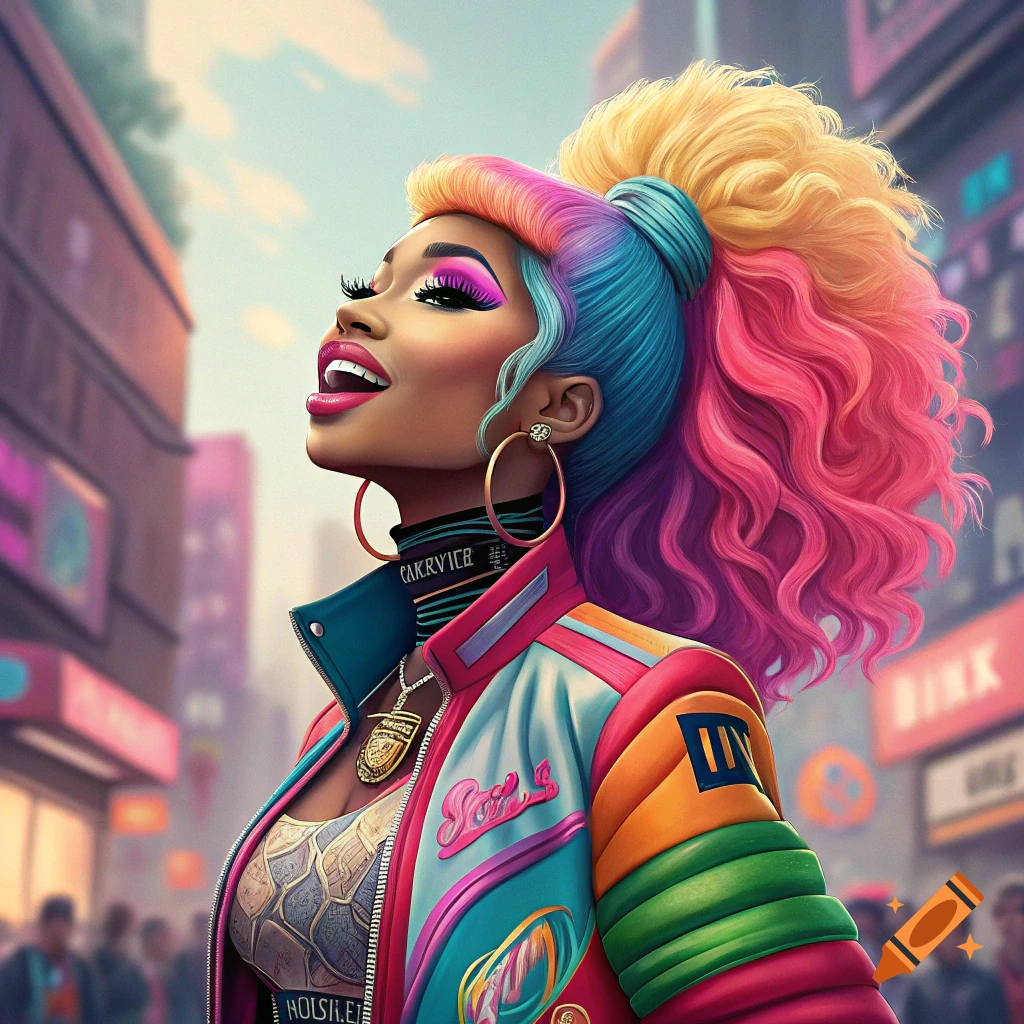 Stylized portrait of a woman with colorful hair and jacket on a city street