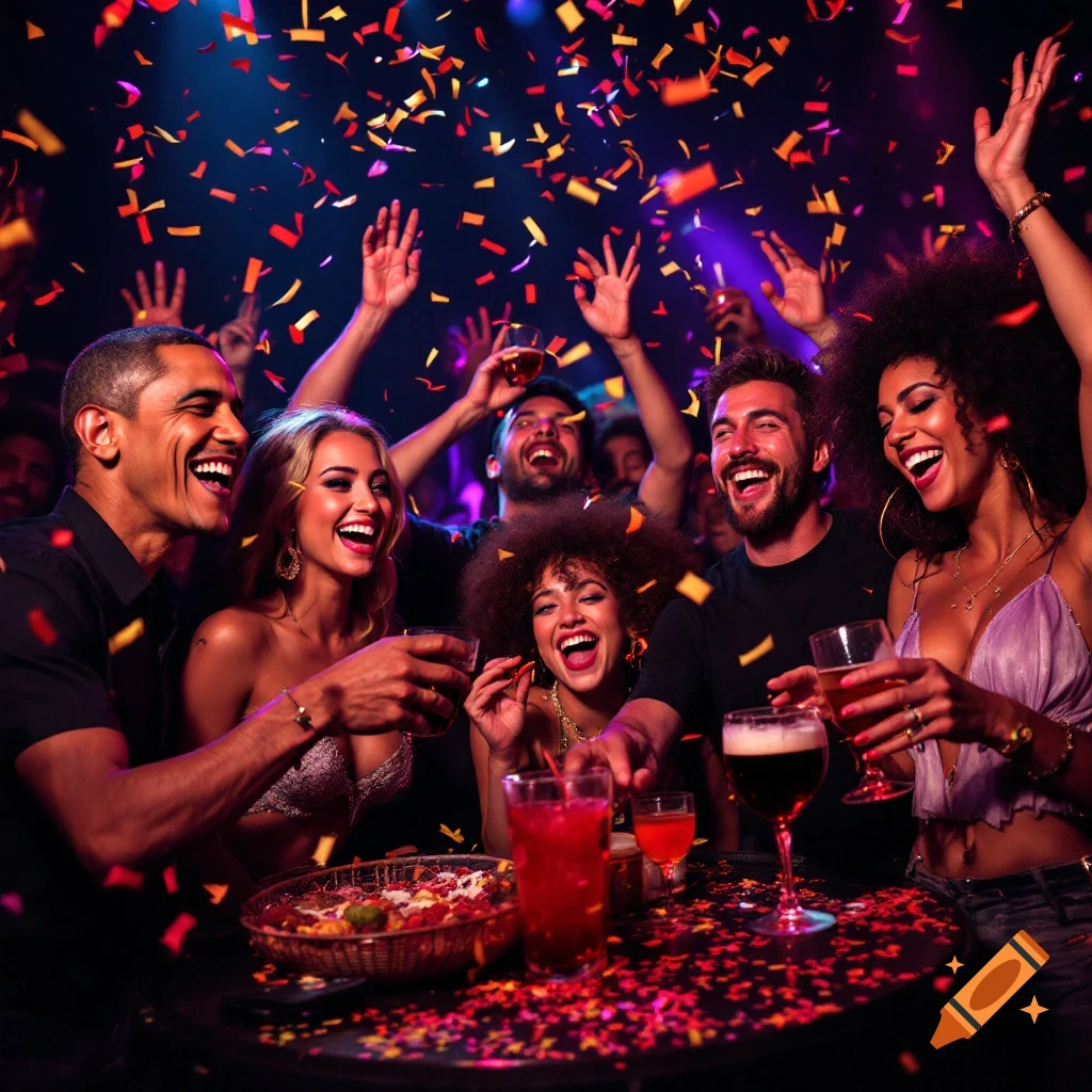 Diverse group of people celebrating at a party with confetti falling.