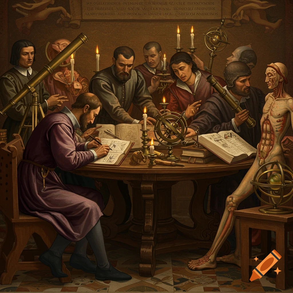 Renaissance scholars studying anatomy, astronomy, and books around a table, painting style.