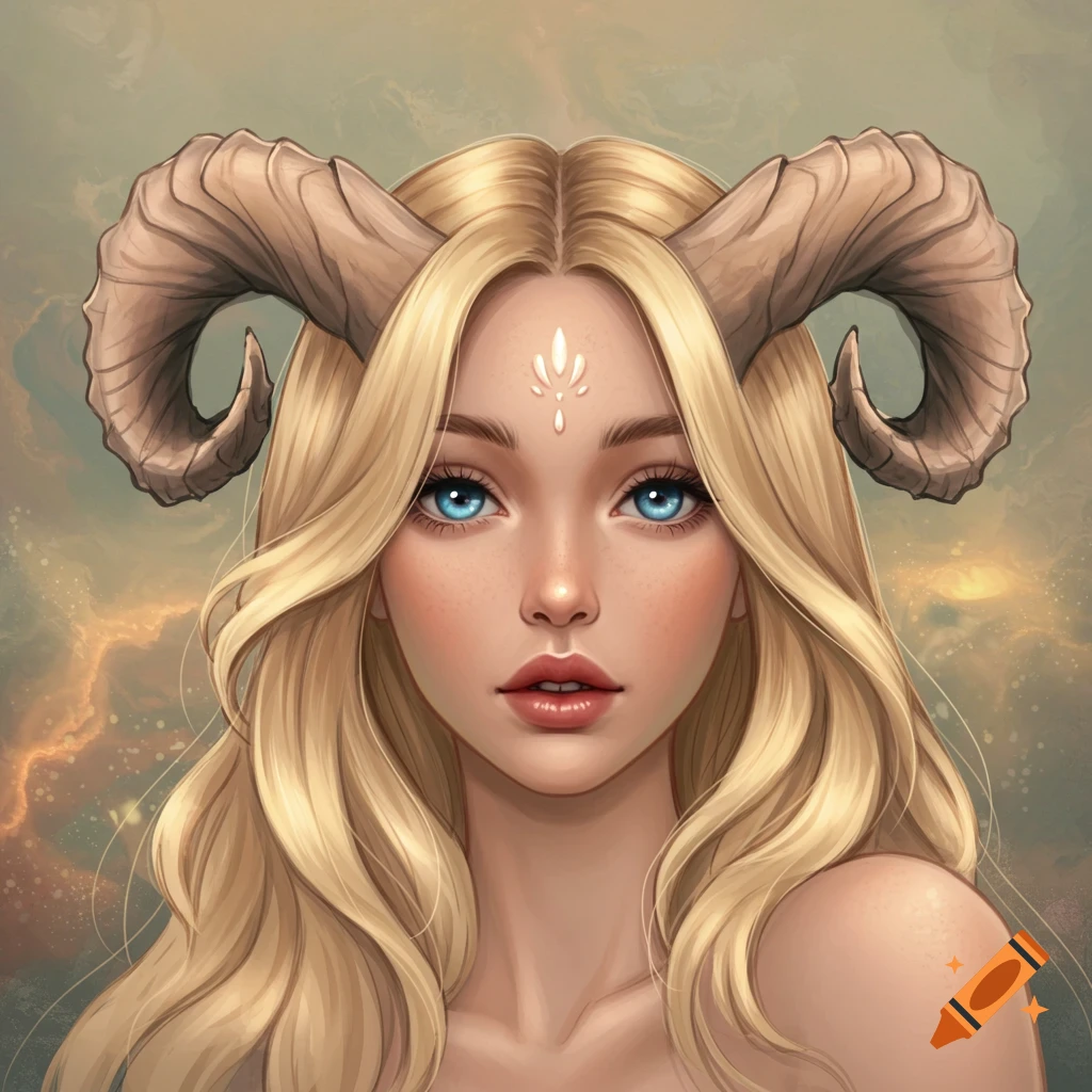 A digital portrait of a blonde woman with blue eyes and large ram horns.