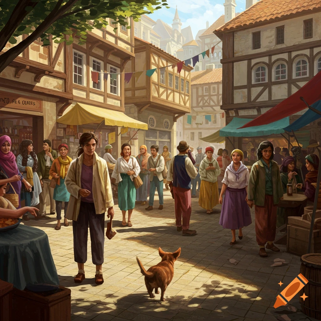 A busy marketplace scene in a fantasy town with people browsing, buildings, and a dog in the street.