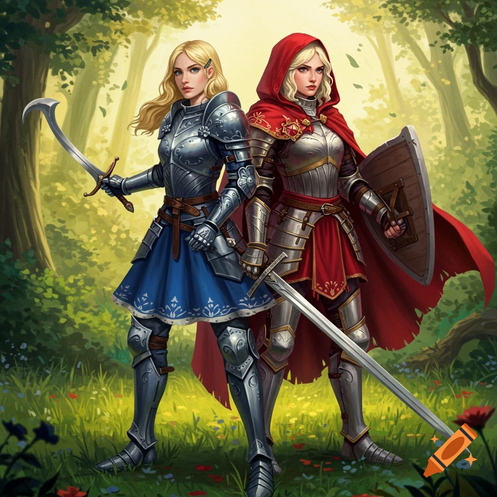 Alice Liddel and Little Red Riding Hood in armor with swords, back to ...