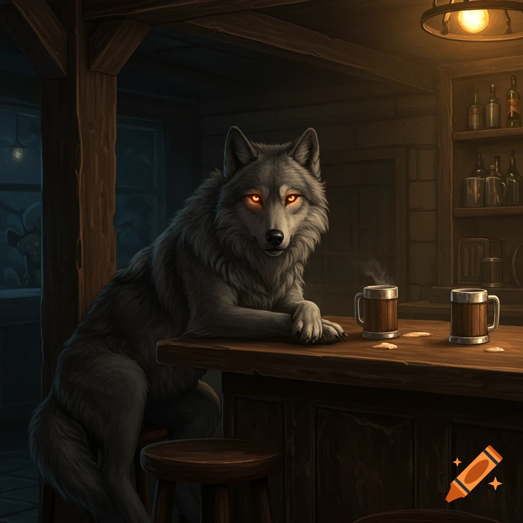 A large grey wolf with glowing orange eyes sits at a wooden bar in a dimly lit room.