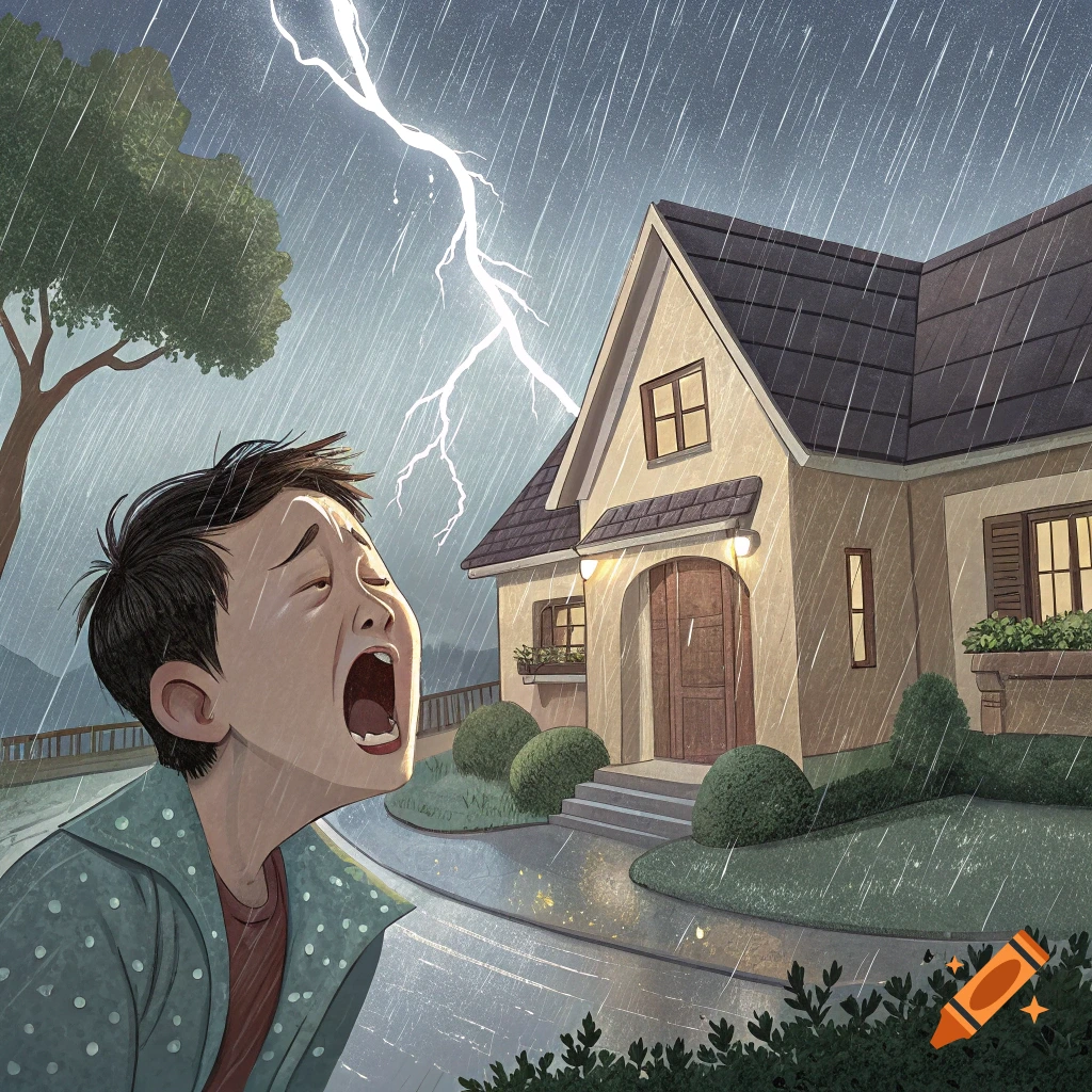 Illustration of a boy crying during a rainstorm with lightning, near a house.