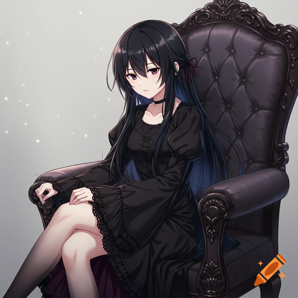 Anime character with black hair and gothic dress sitting in an ornate chair
