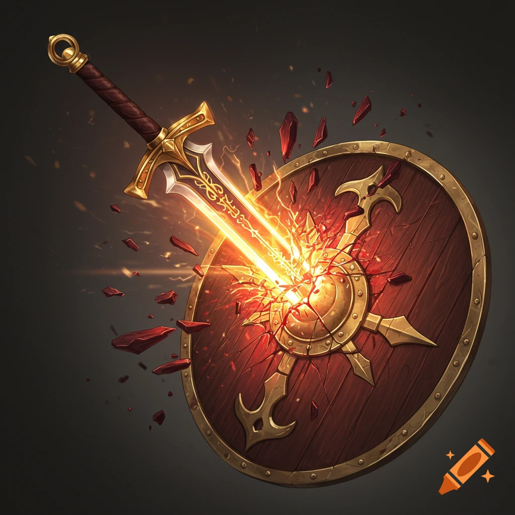 Fantasy illustration of a glowing sword breaking a shield