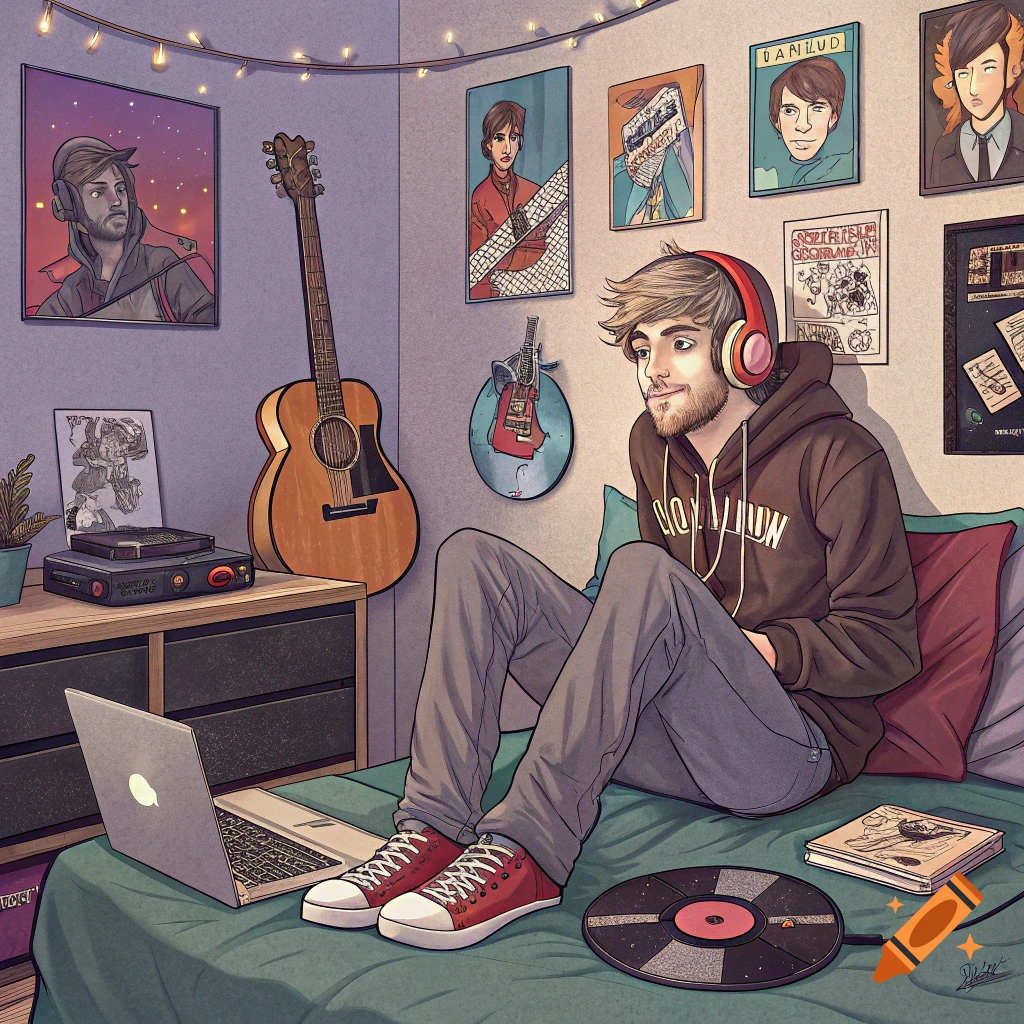 Illustrated young man with headphones in a room with a guitar and record player.