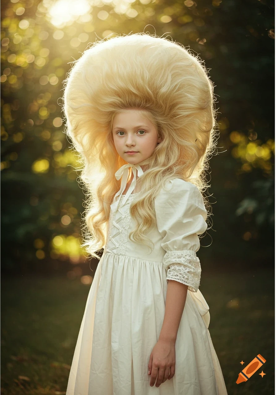 A young girl with a large, voluminous blonde hairstyle wears a white dress in a sunny outdoor setting.