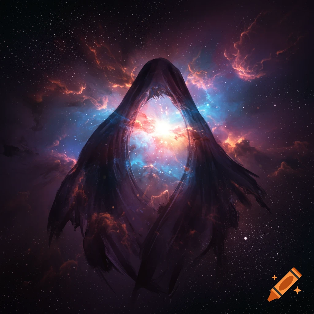 A cloaked figure made of gas nebula in space, surrounded by stars and cosmic clouds.