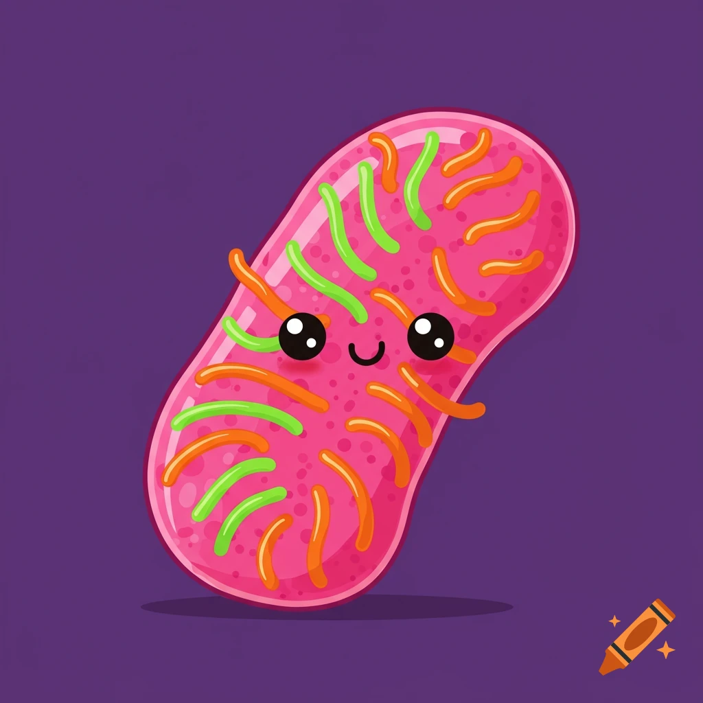 A cute cartoon mitochondria with eyes and a smile on a purple background.