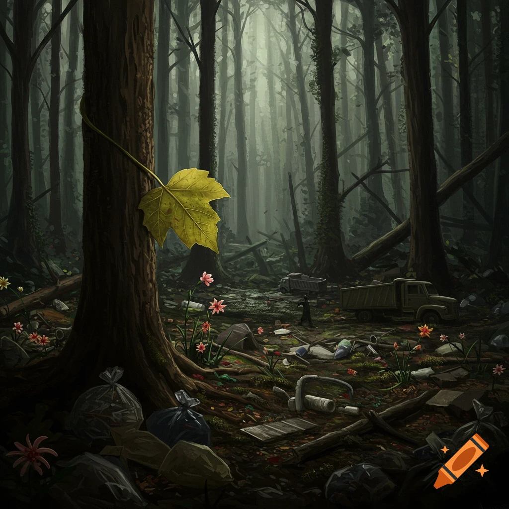 Dark painterly art of a trash-filled forest floor with a single yellow leaf on a tree trunk.