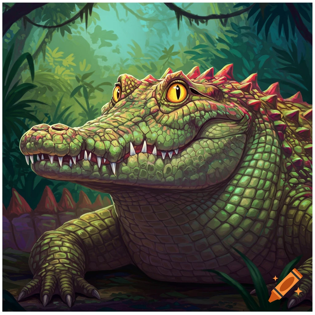 Cartoon illustration of a green crocodile in a jungle