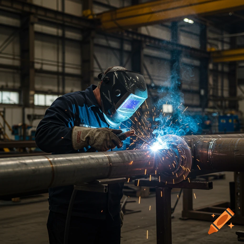 A welder in a mask and gloves welds a large pipe in a factory, with sparks flying.