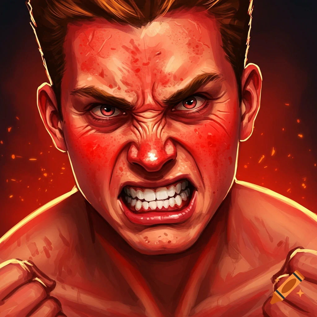 Close-up portrait of a man with an angry expression, red skin, bared teeth, and clenched fists in a stylized illustration.