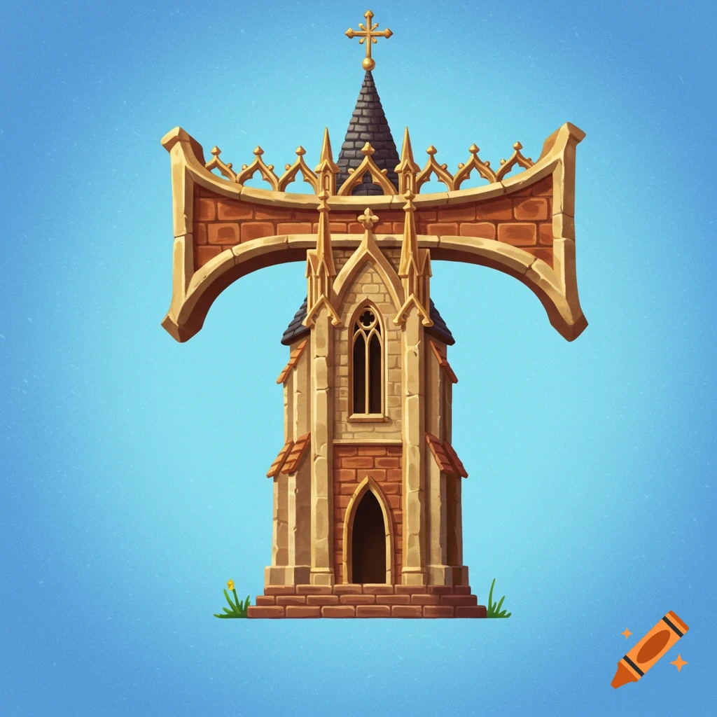 A stylized illustration of the letter T shaped like a church steeple or tower, set against a blue background.