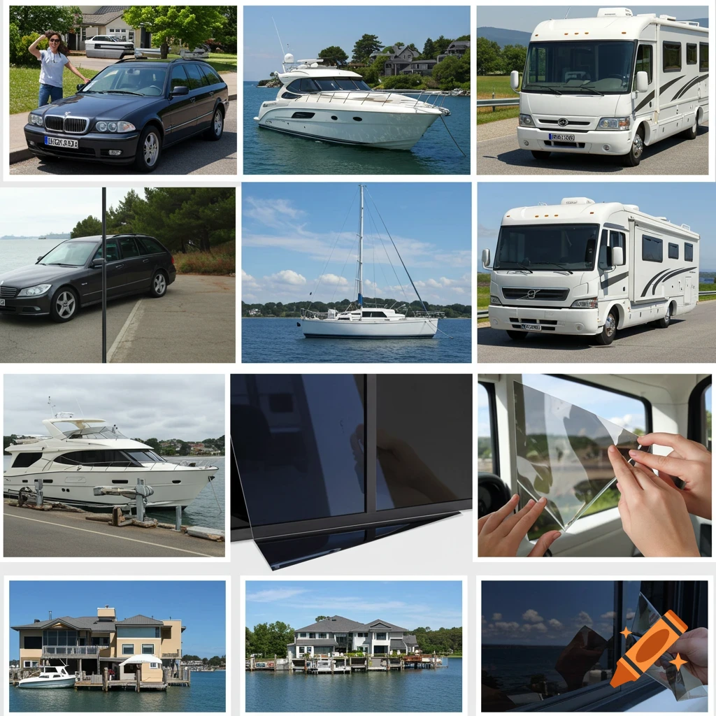 Collage showing window tinting for cars, boats, RVs, and houses, with examples of application.