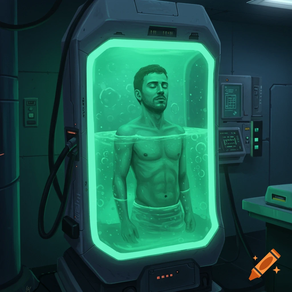 A man floats in a glowing green liquid inside a futuristic medical tank in a dark room.