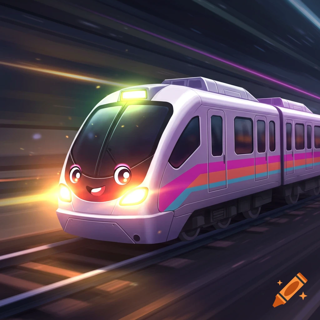Cartoon train with a face speeding through a tunnel