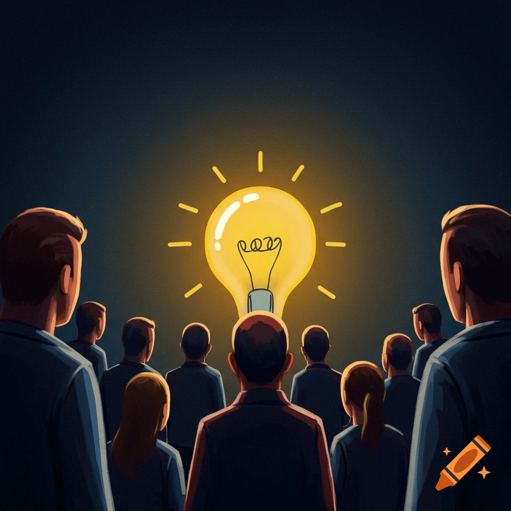 People look at a glowing lightbulb in a dark room.