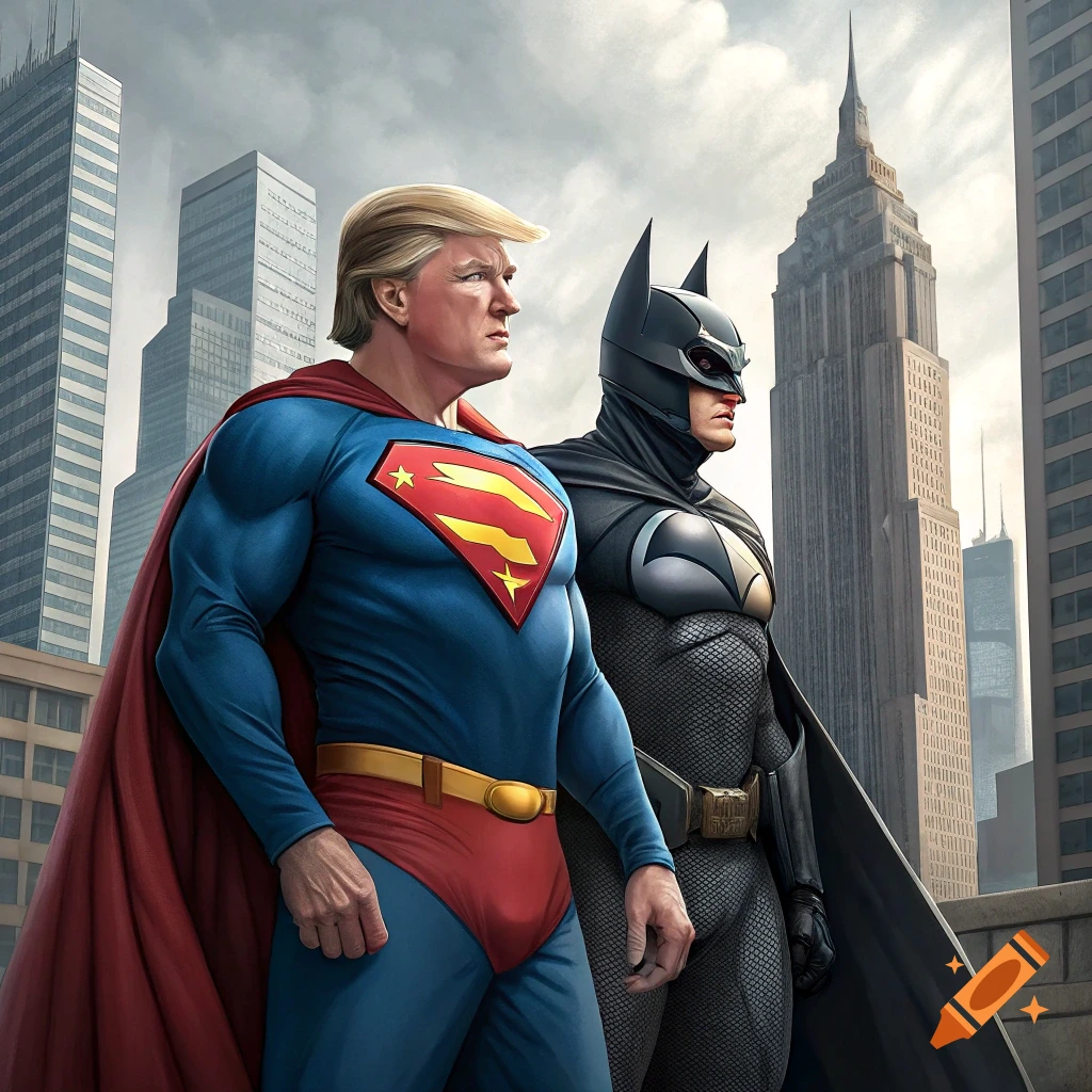 Caricatures of Donald Trump as Superman and Elon Musk as Batman stand before a city skyline.