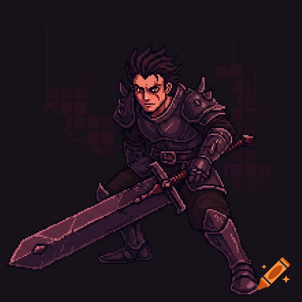 Pixel art of a fantasy warrior in dark armor holding a large sword.