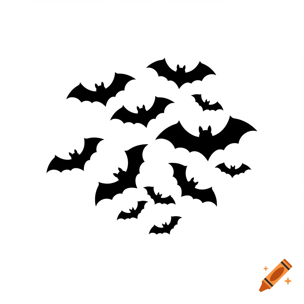 A cluster of black clip art bats on a white background.