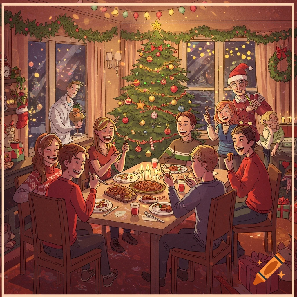 Illustration of a family having Christmas dinner around a table with a tree.