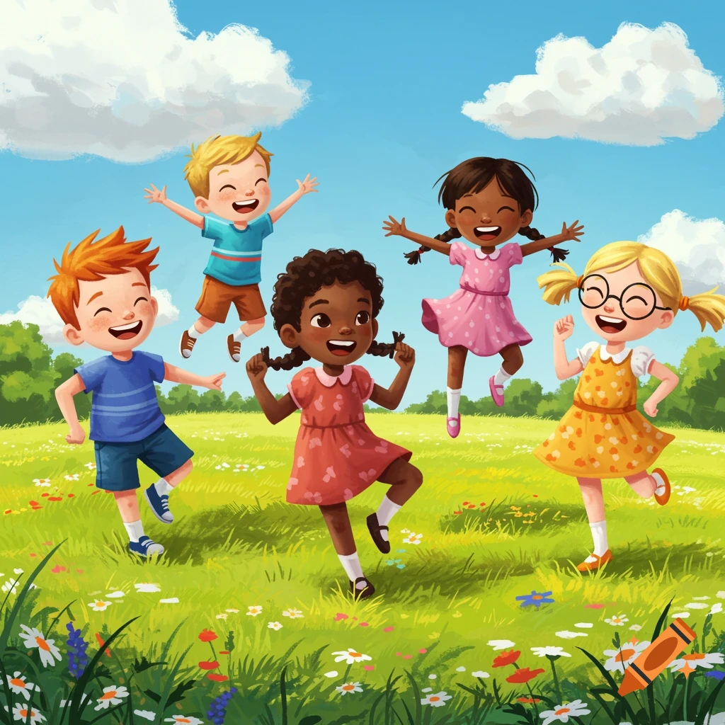 Illustrated group of diverse young children happily dancing and jumping in a grassy field under a blue sky.