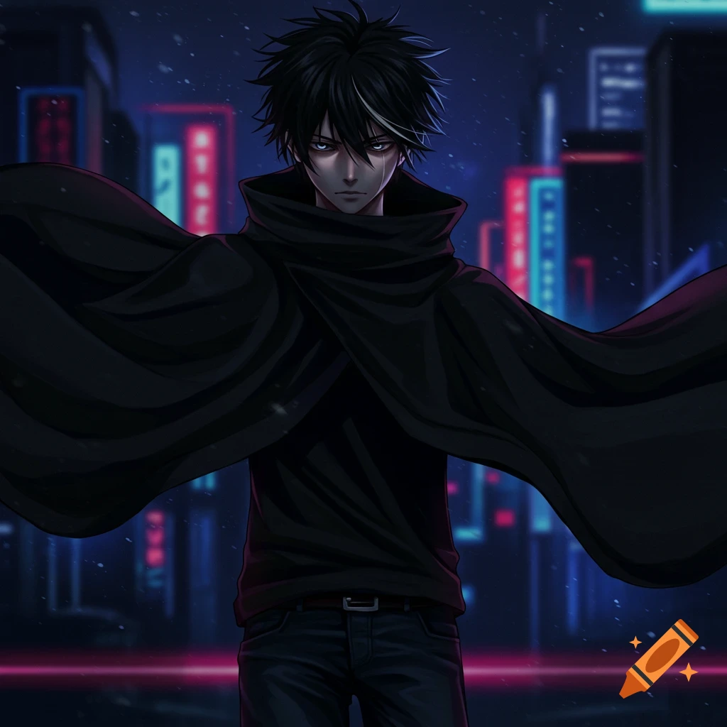 Anime character in black cloak and jeans in a neon-lit futuristic city at night.