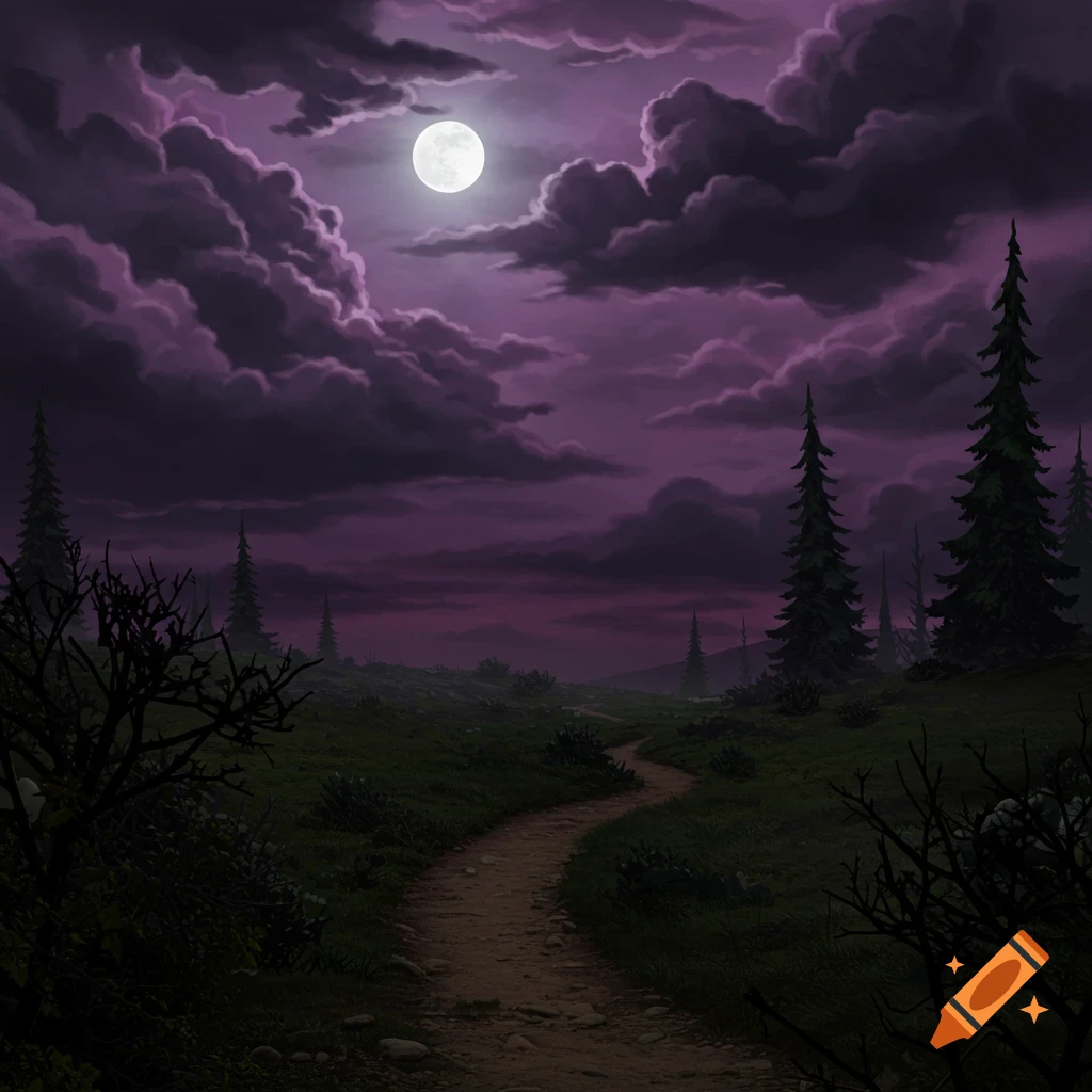 A path winds through a dark, spooky landscape under a bright full moon and purple clouds.