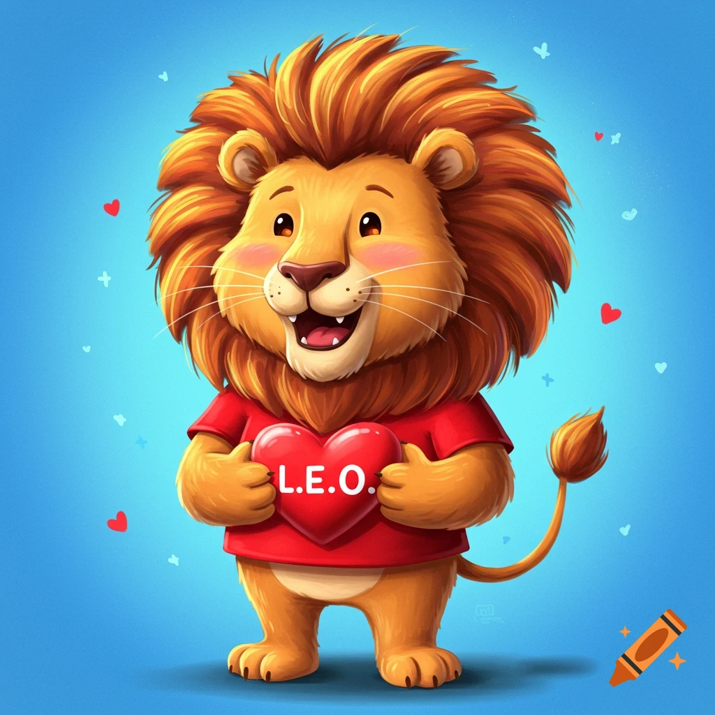 A cartoon lion wearing a red shirt holds a heart that says L.E.O.