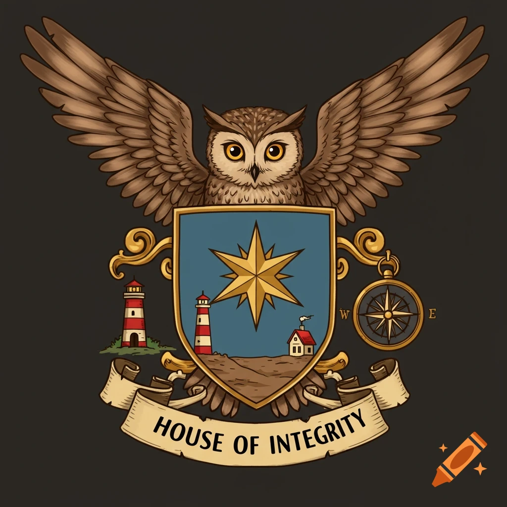 A crest featuring an owl with spread wings holding a shield with a star, lighthouses, and a house, with a banner reading "HOUSE OF INTEGRITY". A compass is on the side.
