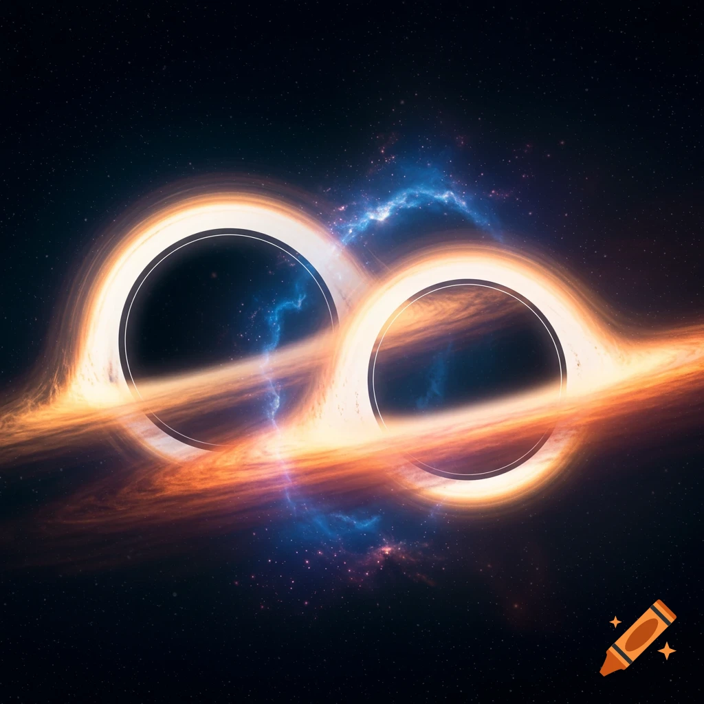 Two black holes distort spacetime, surrounded by glowing orange accretion disks and nebulae in a starfield.