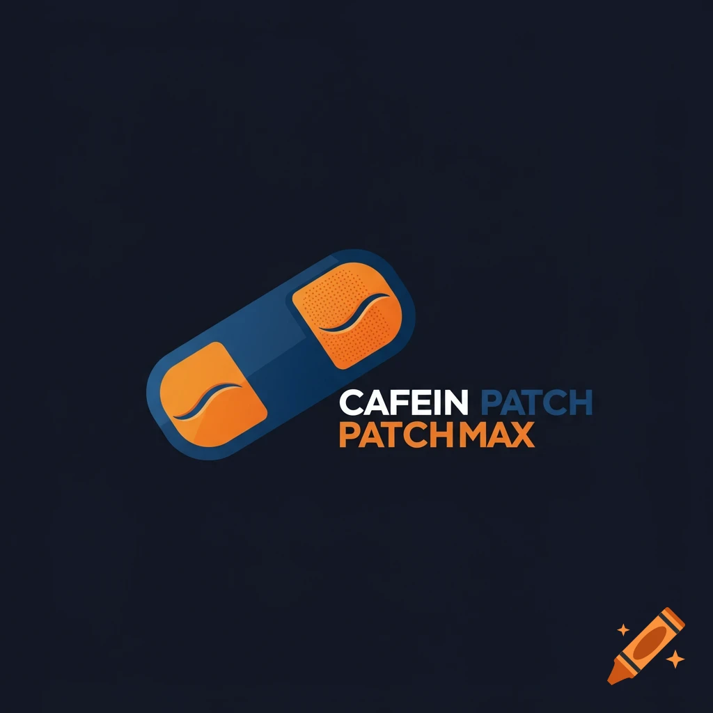 Logo of a pill or patch shape in blue and orange with the text CAFEIN PATCH PATCHMAX.