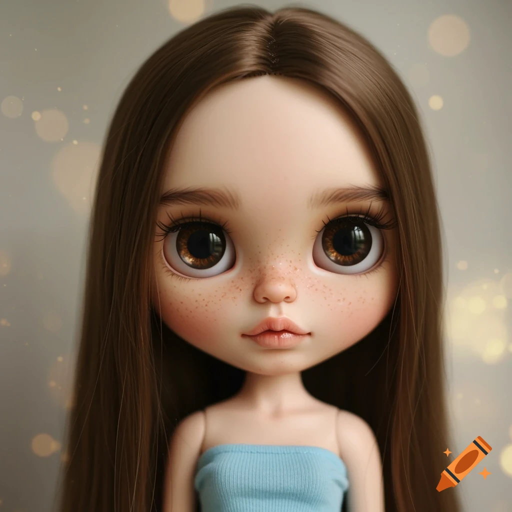 Close-up portrait of a doll with large eyes, freckles, and long brown hair wearing a blue top.