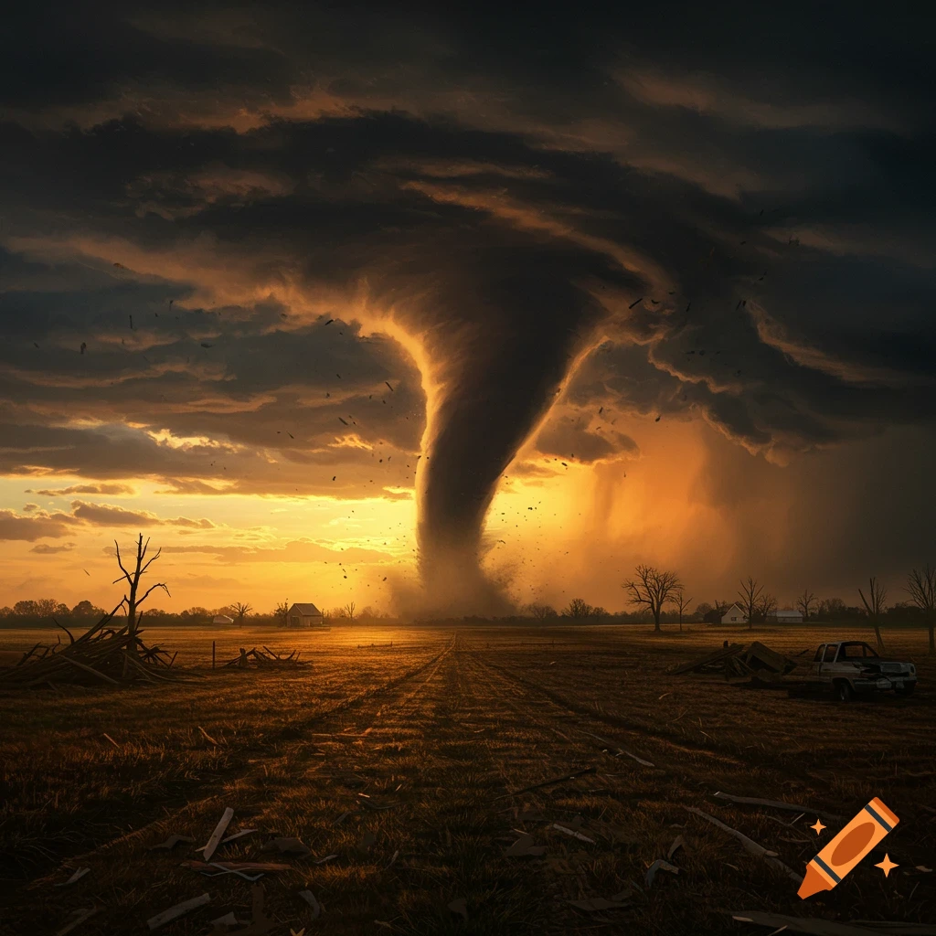 A large, powerful tornado tears through a field at sunset, debris flying.