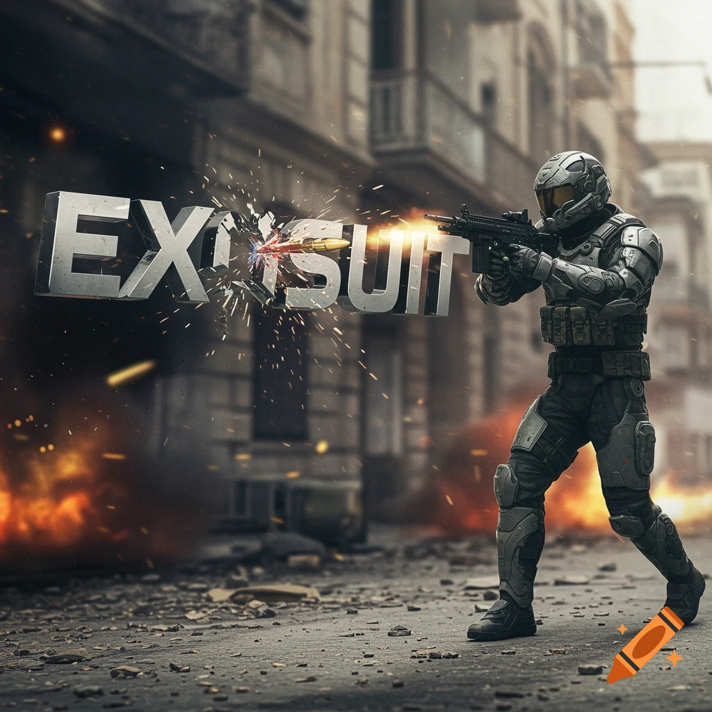 A person in an exosuit shoots a bullet through the large metallic word 'EXOSUIT' in a smoky, war-torn street scene.